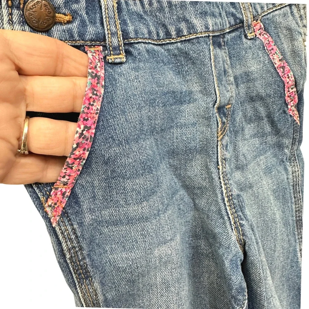 Vintage OshKosh Bgosh Girls Denim Overalls 2T Floral Pink Accent Trim Roll Cuffs